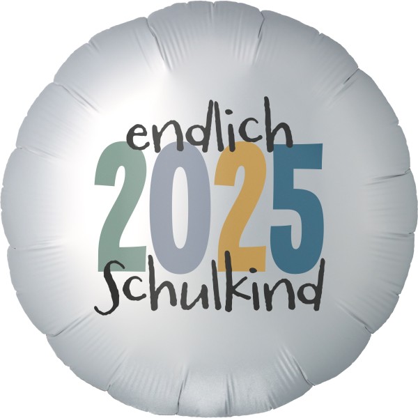 Folienballon Satin Weiß "Endlich Schulkind" Blau